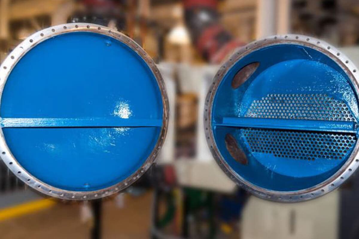 Cabezal y placa de tubos de un intercambiador de calor recubiertos con un sistema polimérico cerámico de color azul brillante para protección contra la corrosión.