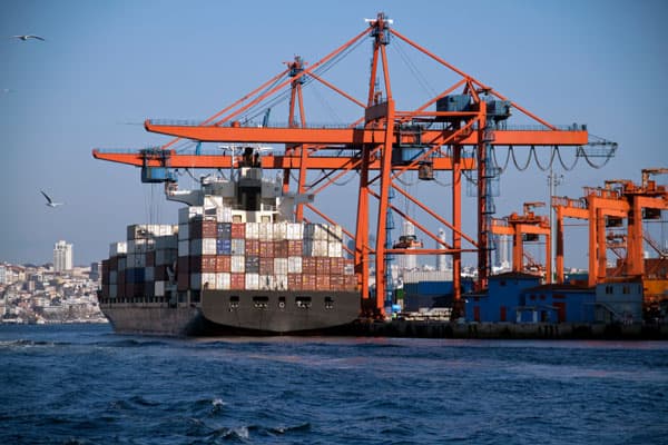 Buque portacontenedores atracado en terminal portuario bajo grandes grúas pórtico naranjas, expuesto a la corrosión marina y salinidad del entorno costero.