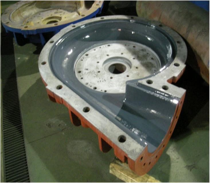 Carcasa de la bomba Warman completamente restaurada y protegida con el recubrimiento final METALCLAD CeramAlloy CL+AC.