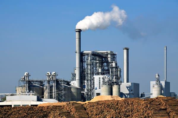 Planta industrial de celulosa y papel con chimeneas activas, silos metálicos y grandes acopios de madera en primer plano bajo un cielo despejado.